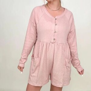 NWT NEW Heyson Large L Pink Button Romper Shorts Jumpsuit Long Sleeve